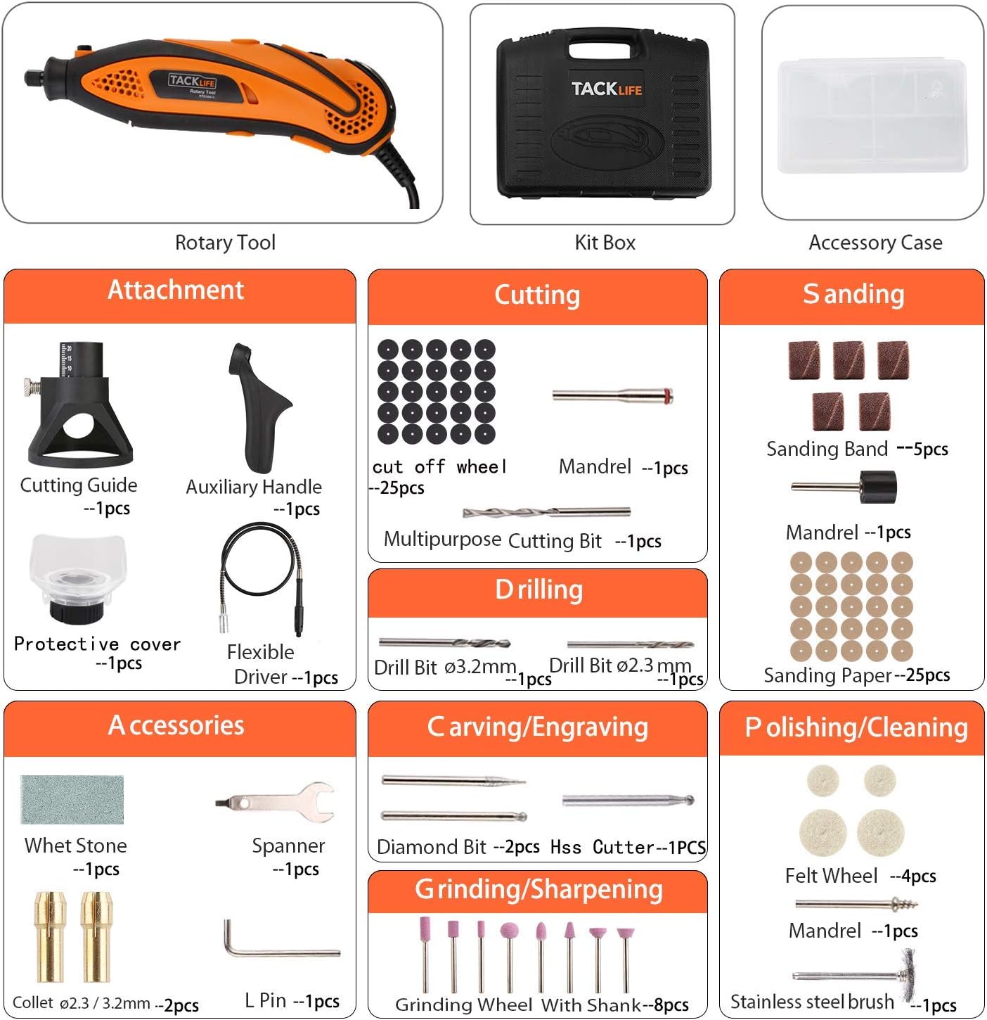TACKLIFE Rotary Tool Kit Variable Speed with Flex shaft, 80 Accessories and 4 Attachments and Carrying Case, Multi-functional for Around-the-House and Crafting Projects-RTD35ACL - - 
