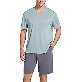 SlumberMee Mens Pajama Set Soft Cooling Viscose Summer Pjs Short Sleeve Sleepwear 2 Piece Crew Neck Loungewear with Pockets