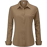 hearain Soft Wrinkle-Free Women's Button Down Dress Shirts Solid Long Sleeve Work Blouses Fit Stretch Casual Tops XXS-6XL