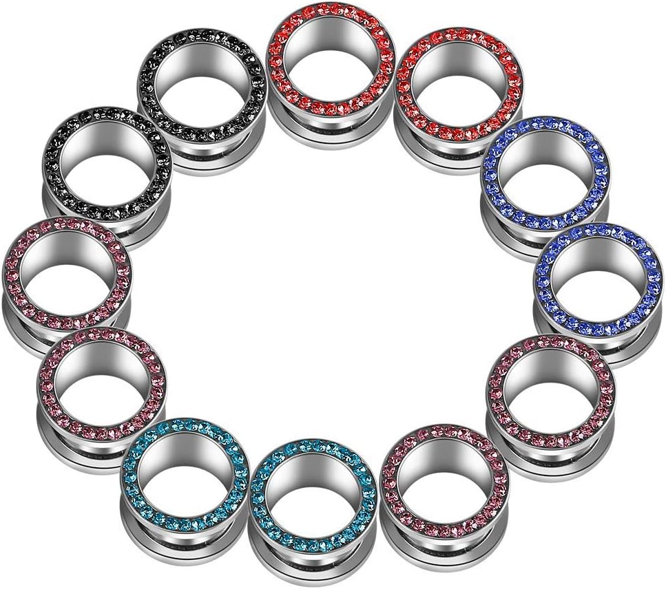 HuayoRong 6 Pairs Screw Fit Ear Gauge Hollow Tunnels (8mm-16mm, 0g-5/8 Gauge) Clear CZ Crystal Jeweled Plugs Stretcher Set