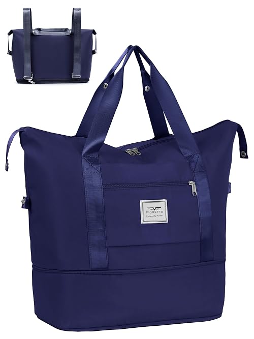Fioretto Womens Expandable Gym Tote Bag Duffle Bag with Wet Pocket, Travel Bag Weekend Overnight Bags with Double Shoulder Strap, Water-Resistant Carry On Bag Hospital Holdalls for Women Navy Blue