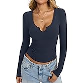 EasyGala Womens Cotton Long Sleeve Tops Scoop Neck V Notch Shirts Y2K Low Cut Tshirt Fall Slim Fitted Basic Clothes 2026