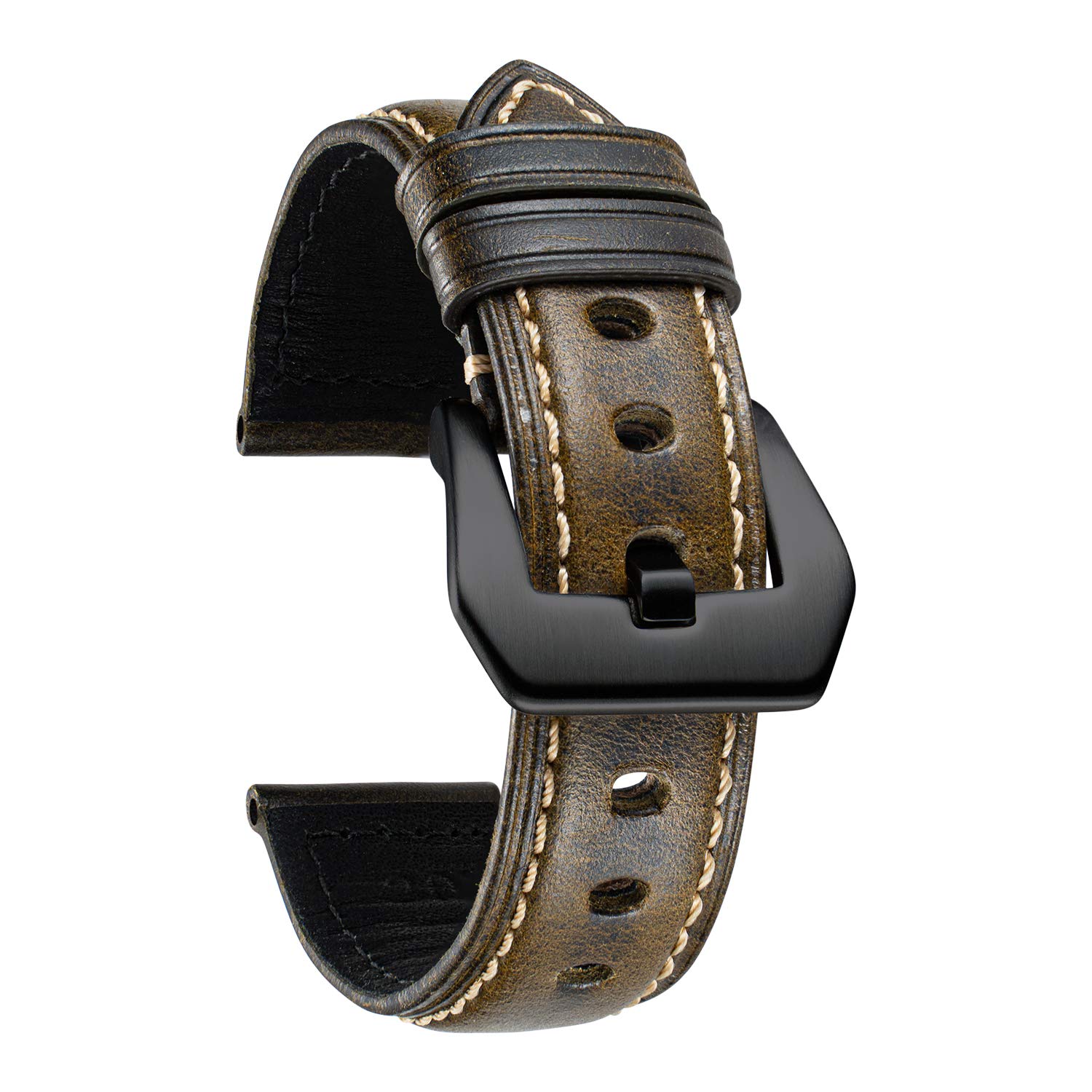 BINLUN Retro Leather Watch Strap for Men 18mm 20mm 22mm 24mm 26mm Handmade Oil Waxed Leather Strap Replacement Vintage Watch Band Stainless Steel Buckle(Olive Green/Black Buckle,24mm)