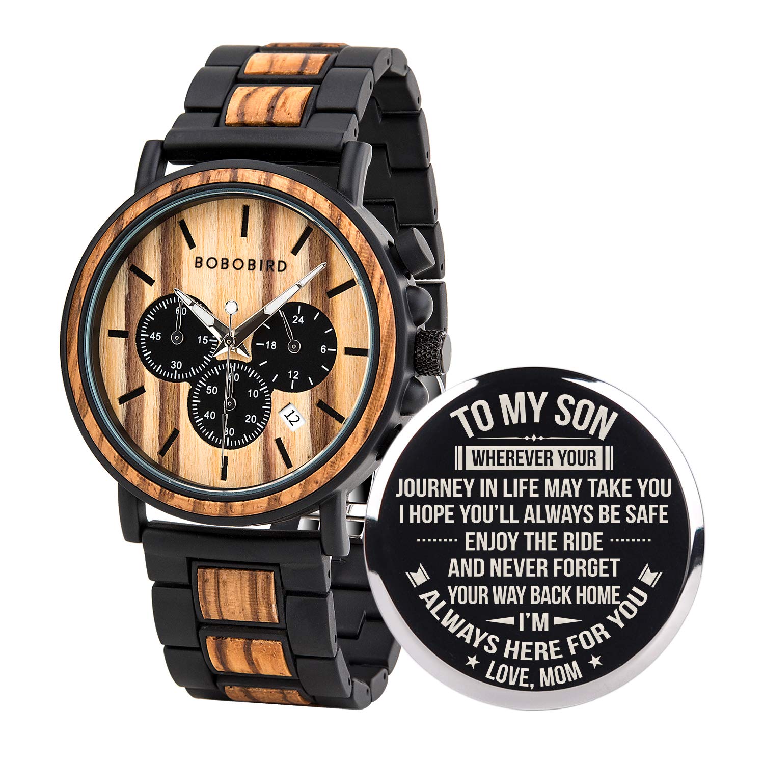 BOBO BIRD Mens Personalized Engraved Wooden Watches, Stylish Wood & Stainless Steel Combined Quartz Casual Wristwatches for Men Family Friends Customized Watch, A-For Son From Mom, Japanese