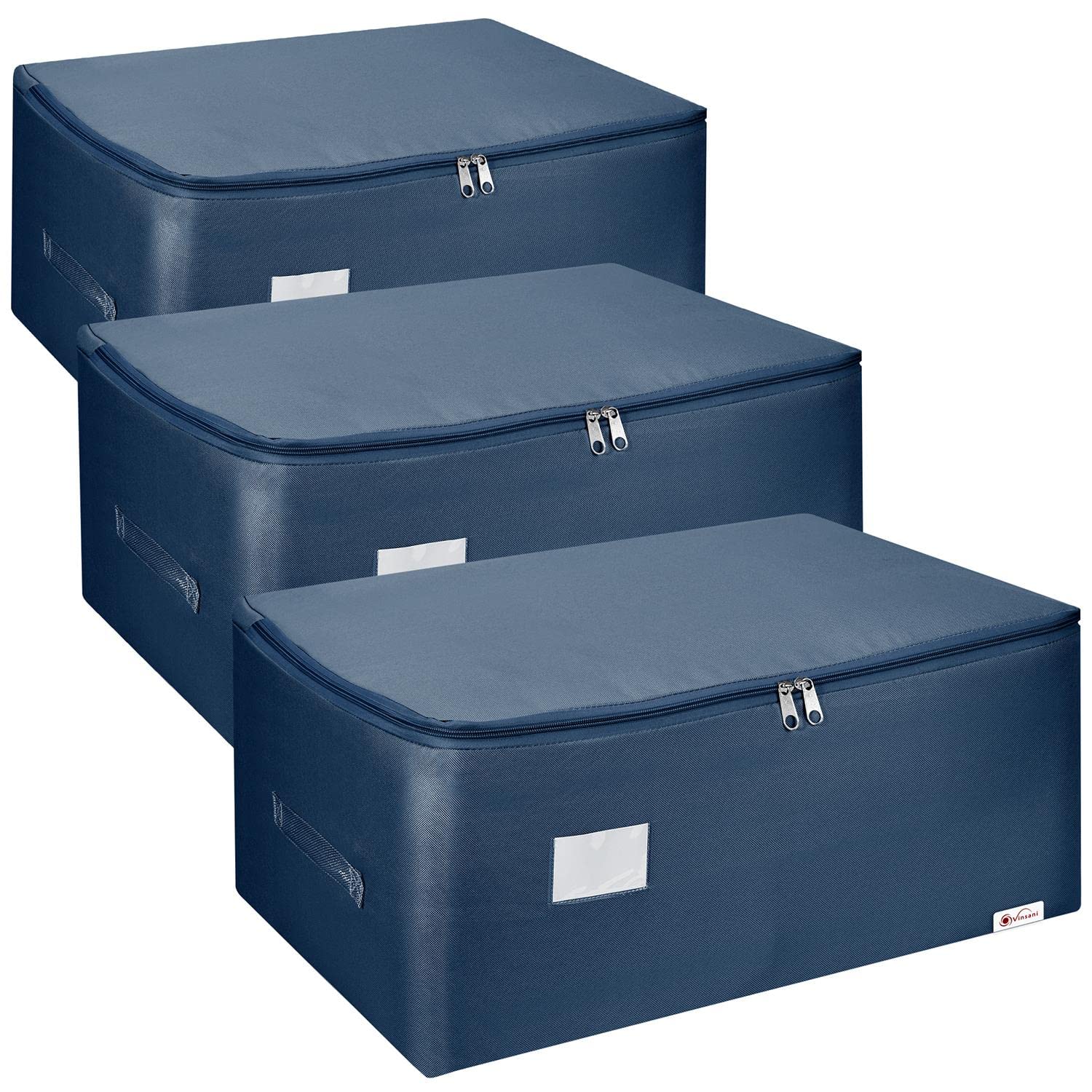 Vinsani 3pk Storage Bags Organiser 105L Huge Capacity Double Zipper Card Markings Strong Handles Moisture-Proof Underbed Storage Moving Bag For Clothes Toys Beddings Comforter Blue