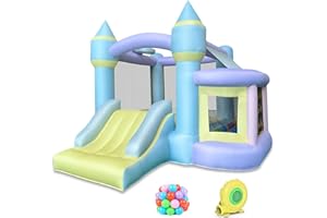 RETRO JUMP Bounce House,Inflatable Bounce House,Bouncy House with Blower,Bouncy Castle with Slide,Kids Bounce House with Jump Area,Ball Pit&Basketball Rim,Balls,Stakes,Patch Kits,Storage Bag Included
