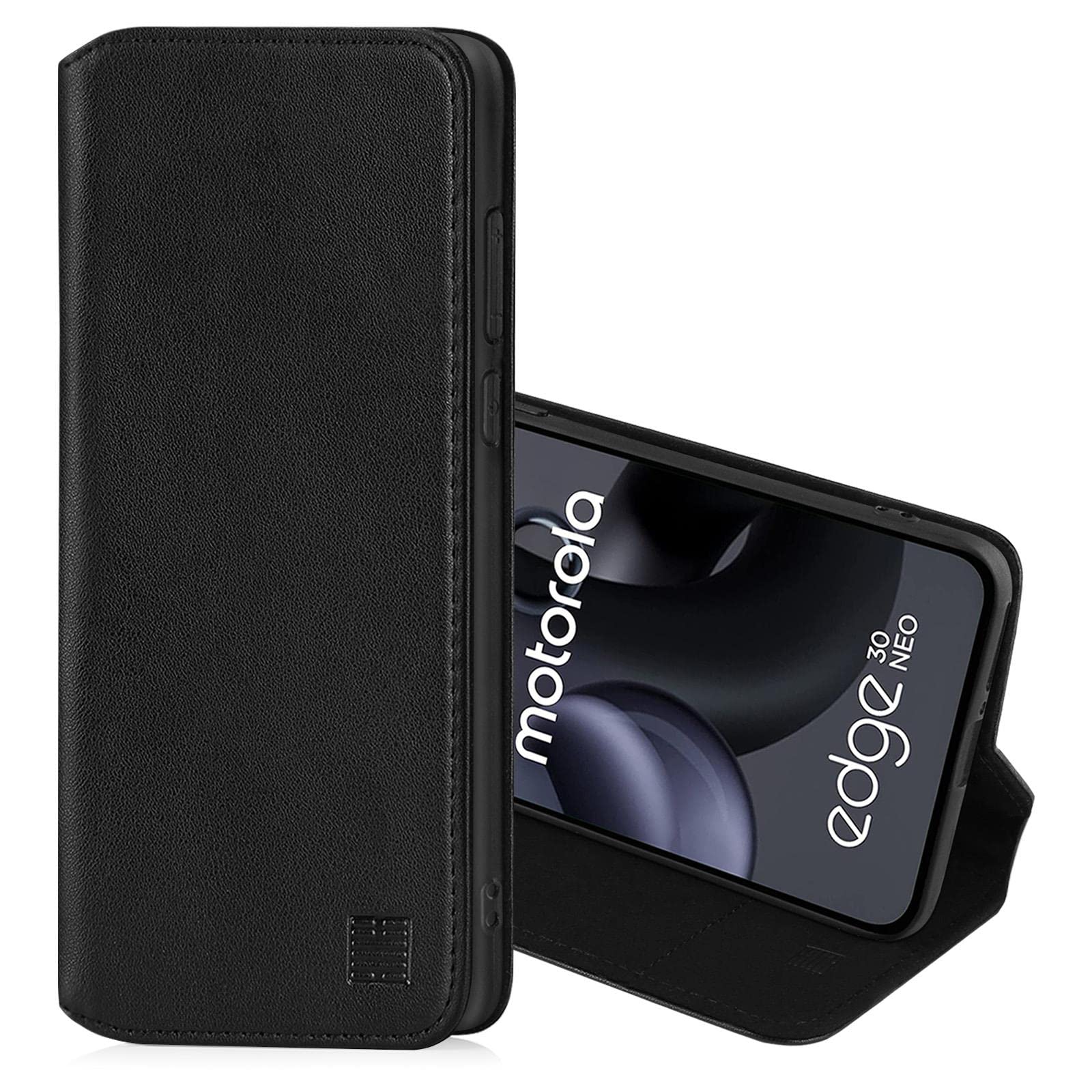 32nd Classic Series 2.0 - Real Leather Book Wallet Flip Case Cover For Motorola Moto Edge 30 Neo, Real Leather Design With Card Slot, Magnetic Closure and Built In Stand - Black