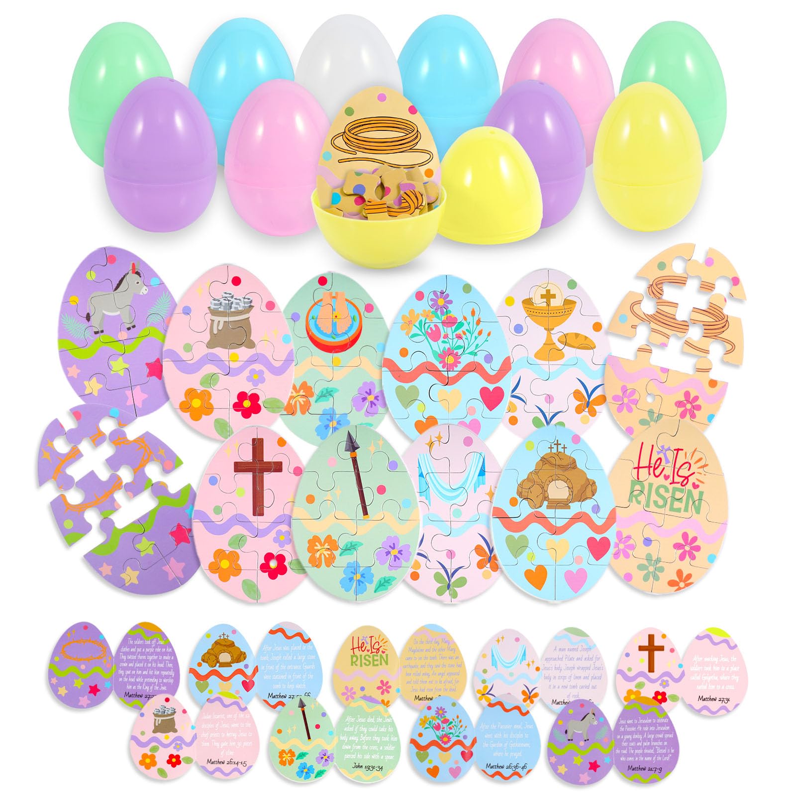 12 Pcs Resurrection Eggs with Matching Religious Easter Story Cards & Easter Puzzle Jesus Story Eggs for Easter Egg Hunt Basket Stuffers Fillers Sunday School Classroom Activities Christian Gifts
