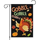 Heyfibro Gobble Turkey Thanksgiving Garden Flag 12 x 18 Inch Vertical Double Sided Burlap, Fall Autumn Pumpkin Yard Flags for Thanksgiving Day Harvest Seasonal Outdoor Decoration(ONLY FLAG)