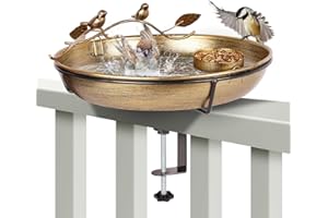 kapwall Metal Deck Mounted Bird Bath - 12 Inch Bronze Color Bird Bath for Outdoor with Small Bird Feeder and Decor Branch - Attracts Hummingbirds, Cardinals, Finches