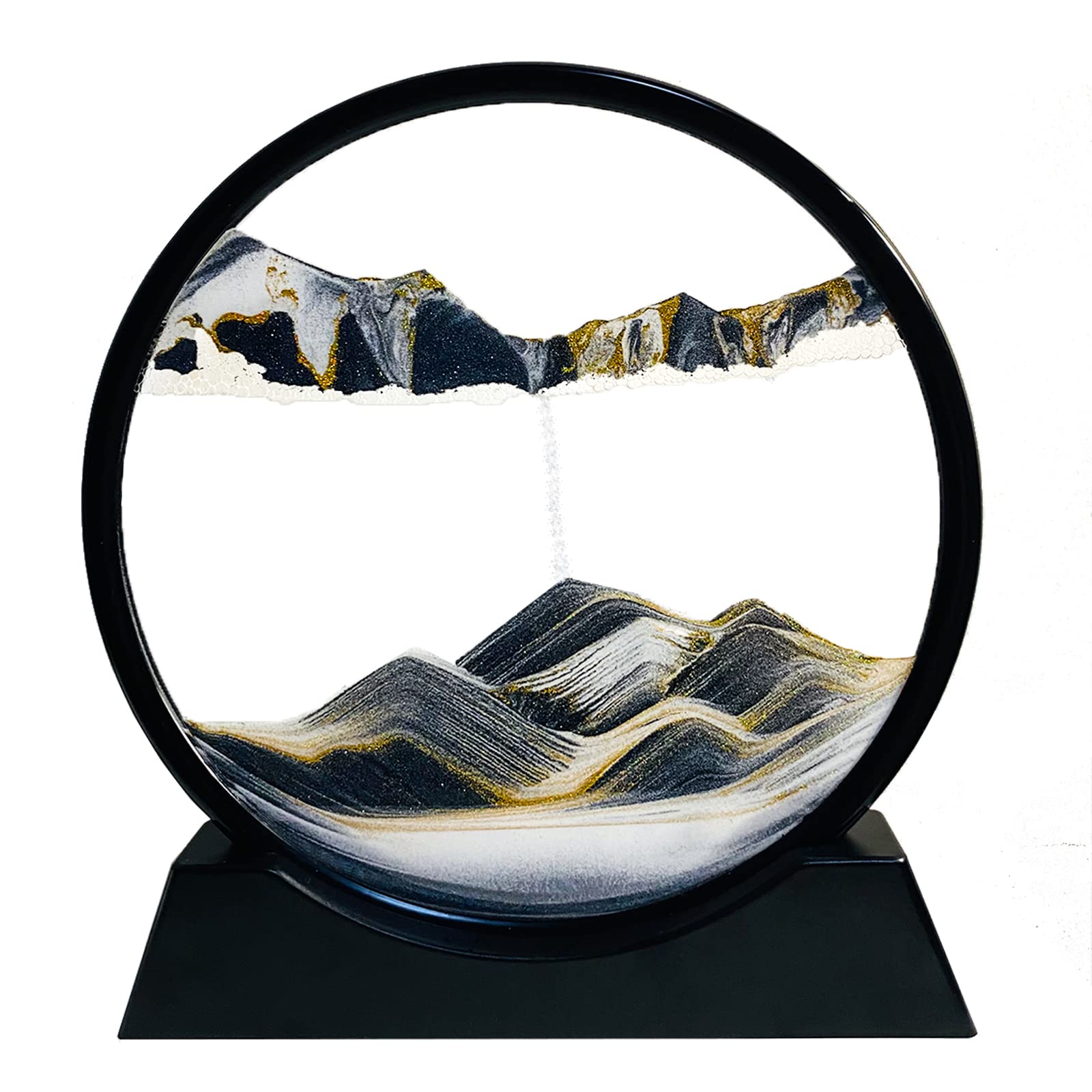 Yuomiker 3D Dynamic Sand Photos Rotating Round Glass Frame Sand Picture Moving Natural Landscape Relaxing Decoration for Office Home Office Art (Black, 12")