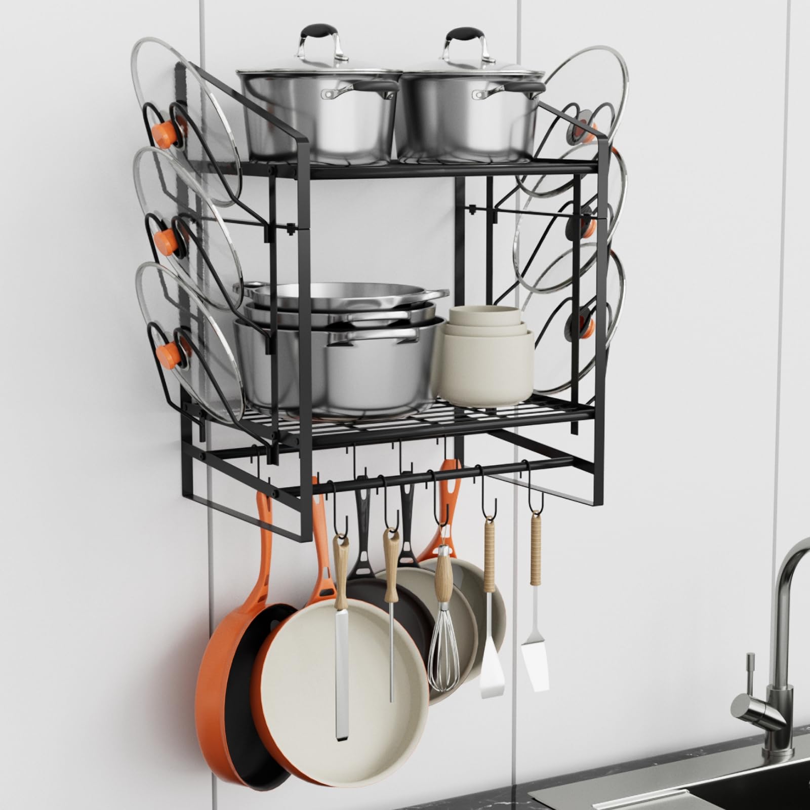 Photo 1 of VyGrow 17 Inch Pot Rack Wall Mounted, 2 Tier Pots and Pans Organizer with 10 Hooks and 6 Pot Lid Holders, Heavy Duty Steel Pot and Pan Hanger for Kitchen Cookware Utensils Storage 24" Lx13 Wx20.5 H