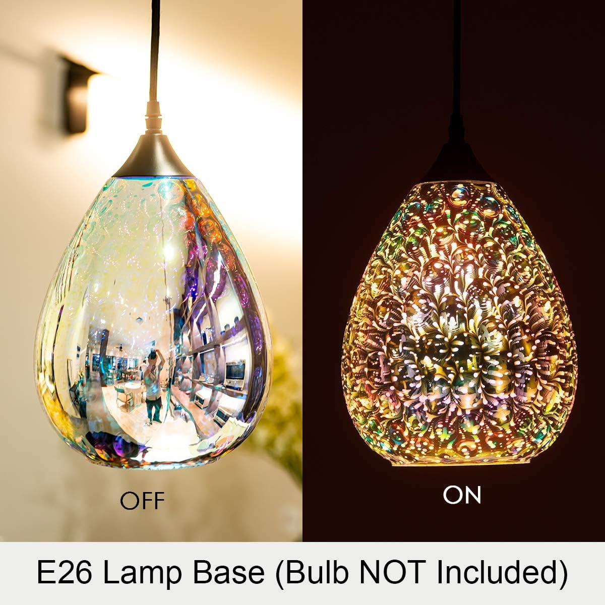 3d Glass Pendant Light, Modern Kitchen Pendant Lighting with Colored Hammered Shade, 3D Reflection Glass Hanging Pendant Ceiling Light Fixture for Living Room Bedroom Island Restaurant Bar, 8in Chrome - - 