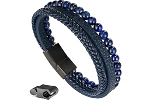 AILETOP Layered Leather Beads Bracelets for Men,Braided Leather Tiger Eye Lava Rock Stone Bracelets for Men with Stainless Steel Magnetic Clasp Mens Leather Beaded Bracelets Jewelry Anxiety Stress Relief Gift