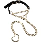 paloli Vegan Leather Choker Necklace with Heart Chain – Adjustable Strap Punk Gothic Collar with Cute Heart Metal O-Rings, Stylish Jewelry for Women
