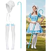 TUVWYSZ Adult Shepherdess Costume Set with Bonnet White Stockings With Blue Bow Shepherd's Crook