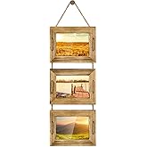 DLQuarts 5x7 Hanging Picture Frames Collage Wall Decor, 3-Opening Photo Frames 5x7 without Mat & 3.5x5 with Mat, Rustic Wood, Carbonized Black