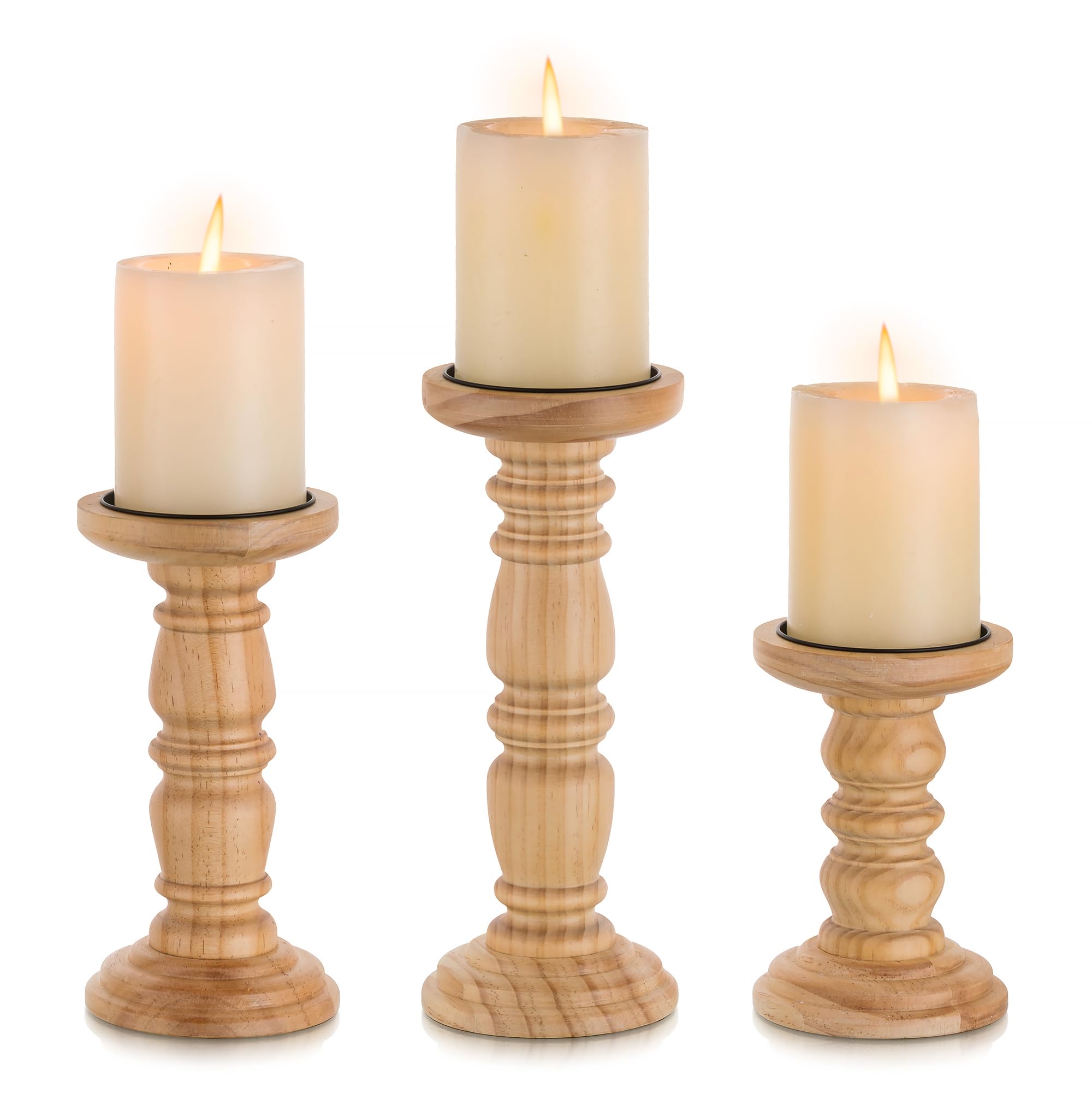 Inweder Wooden Pillar Candle Holder: Rustic Candle Holders Light Brown for Pillar Candles Farmhouse Decor for Christmas Wedding Fireplace Table Centrepieces Home