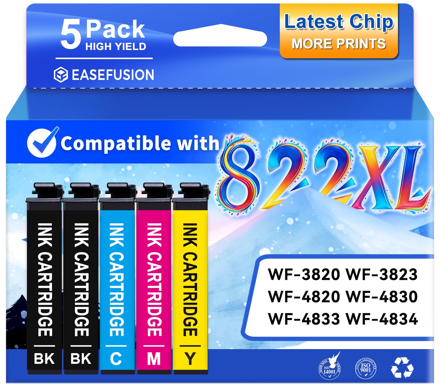 Photo 1 of Latest Chip Remanufactured Ink Cartridges Replacement for Epson 822XL 822 XL Ink Cartridges Combo Pack High Capacity Ink Works with Workforce Pro WF-3820, WF-3823, WF-4820, WF-4830, WF-4833, WF-4834
