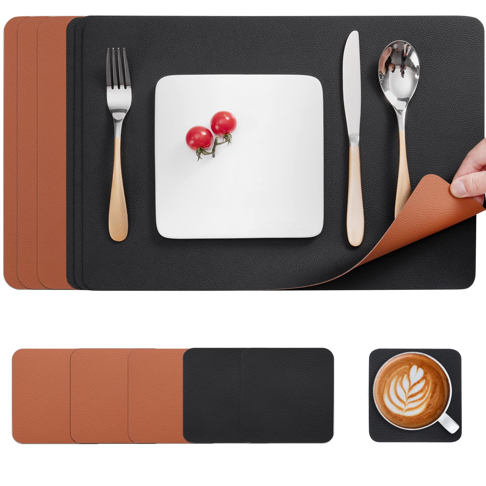 Myir JUN Leather Table Mats and Coasters, Dual-Sided Leather Placemats and Coasters Waterproof Placemats Set of 6 Place Mats Non-Slip Washable Table Mats (Black Brown, Set of 6)