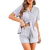 QLVKYW Pajama Set for Women 2 Piece Sleepwear Short Sleeve Button Tops and Pj Shorts Chest Pocket