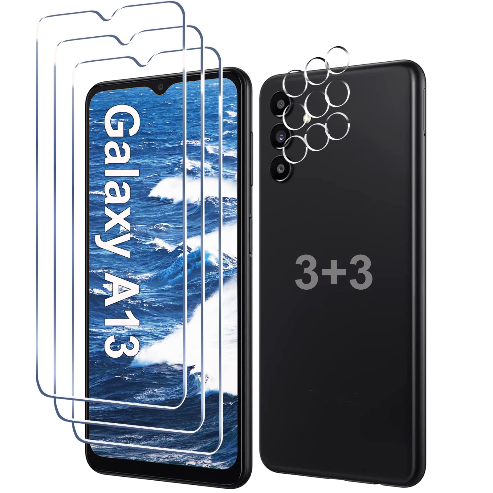 Photo 1 of [3+3 Pack] Galaxy A13 Screen Protector with Camera Lens Protector, HD Tempered Glass Film, 9H Hardness, Anti Scratch, Easy Installation, Bubble Free, Screen Protector for Samsung Galaxy A13 4G/5G