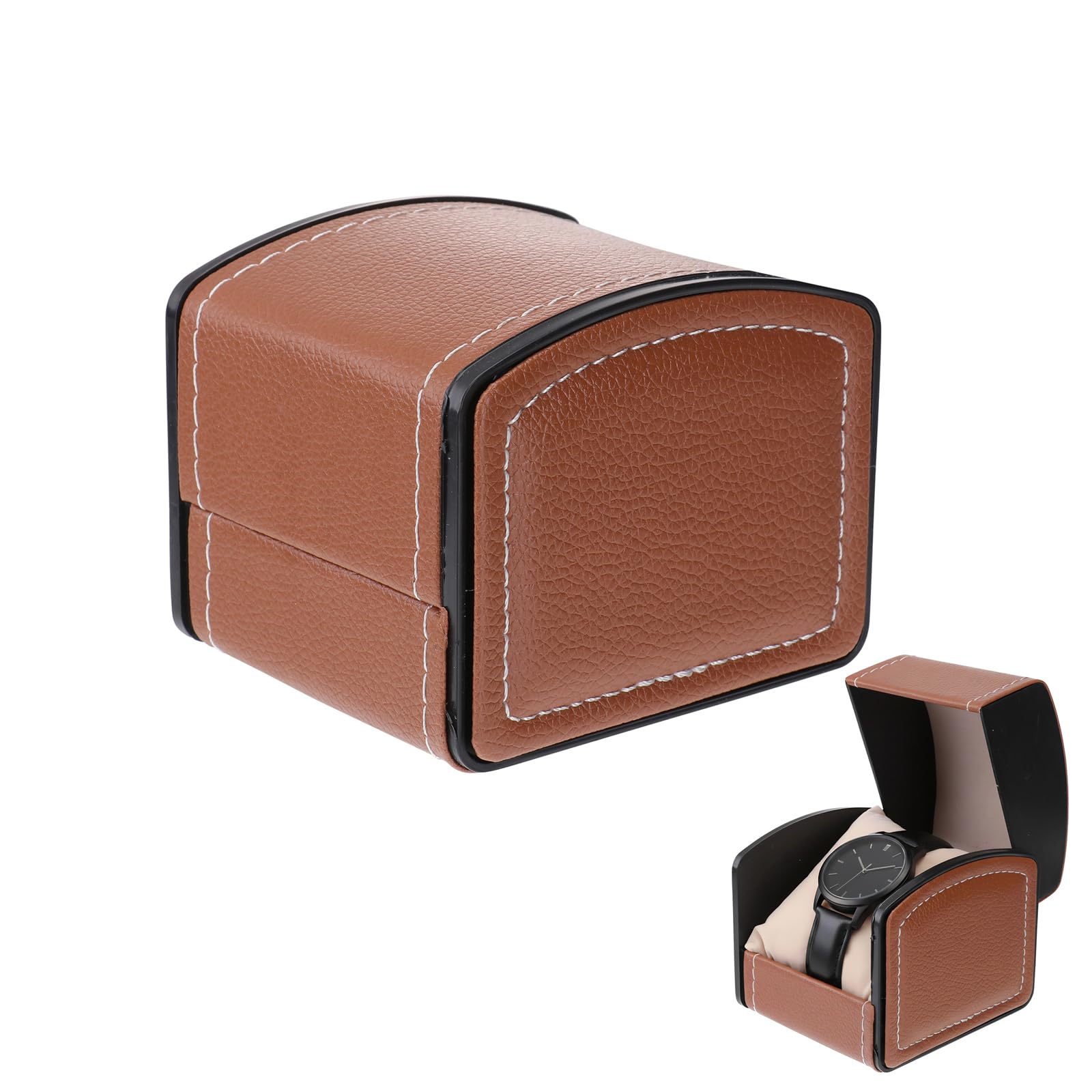 ULTECHNOVO Pu Leather Square Watch Box Single Slot with Removable Cushion 3.94X3.54X3.15In Travel Jewelry Case Organizer for Bracelet and Watch Storage Coffee