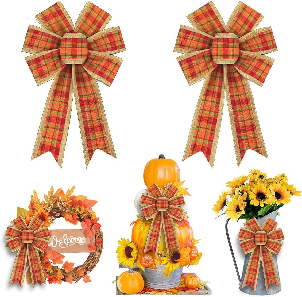 Bows & Ribbons - 2PCS Fall Wreath Bows, Autumn Harvest Orange Bows for Wreath Rustic Farmhouse Bows for Front Door Thanksgiving Orange Buffalo Plaid Bows for Thanksgiving Wall Ornaments Home Indoor Outdoor Decor