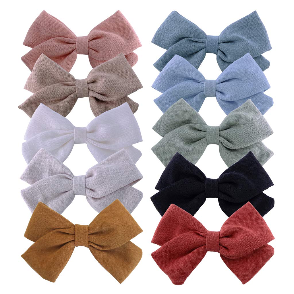 Baby Girls Linen Bow Hair Clips Toddler Infant Fully Lined Clips Little Girls Hair Bow Barrettes White Blue Khaki Accessories Pack of 10