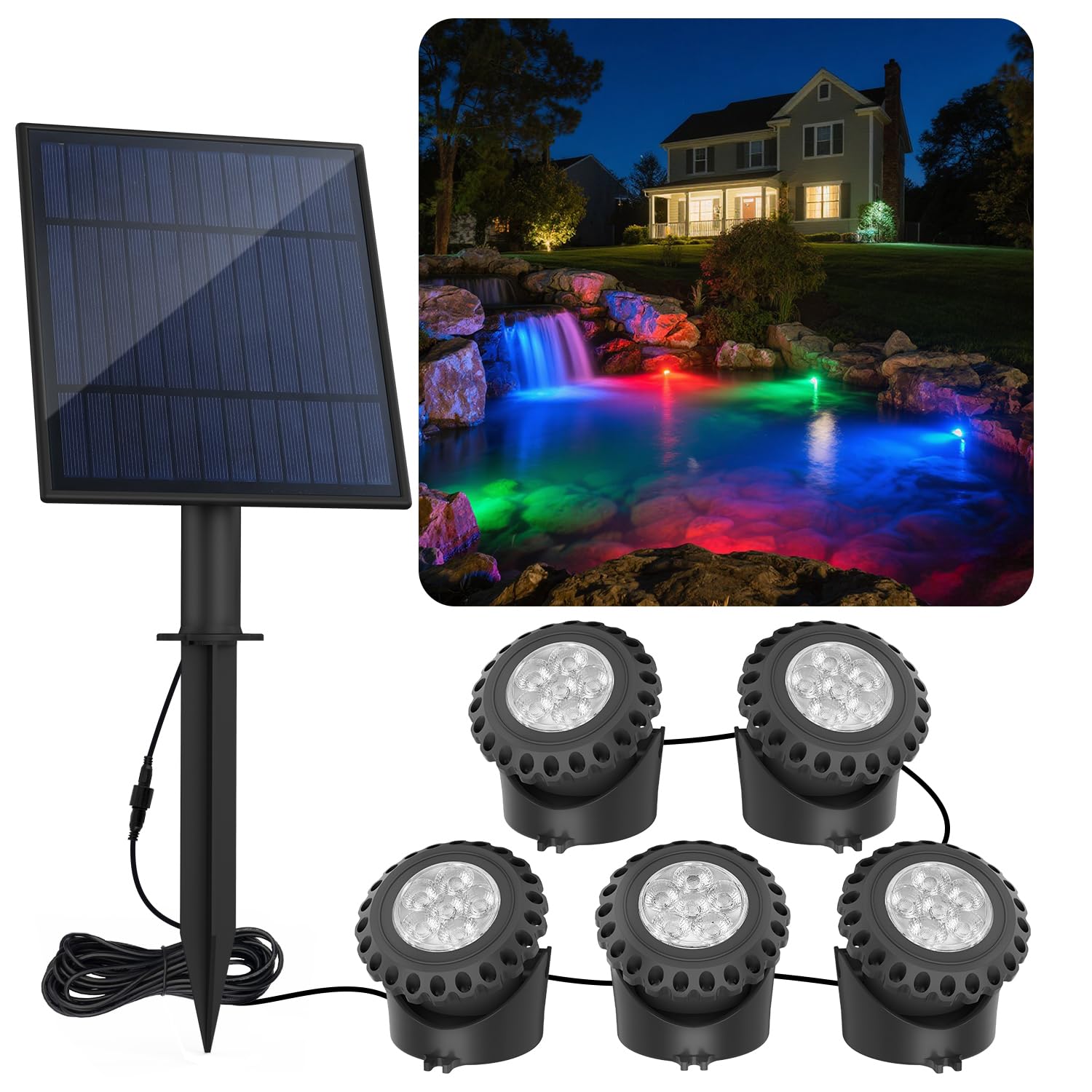 T-SUN Solar Pond Lights (Set of 5) RGB Color Changing Submersible Underwater Pond Lights with 6 LEDs Each IP68 Waterproof Landscape Spotlight for Fish Tank Garden Yard Pool Fountain Pond Waterfall