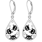 Black Cat Earrings for Women Cat Sterling Silver Earrings Cats Leverback Dangle Earring Drop Studs Jewelry