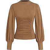 KIRUNDO Blouses for Women Dressy Casual 2026 Spring Tops Fall Puff Long Sleeve Shirts Fitted Mock Neck Ruched Trendy Tops