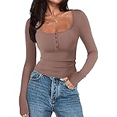 Meetrendi Women's Long Sleeve Square Neck Henley T Shirts Button Ribbed Knit Slim Fit 2024 Fall Casual Basic Tops Blouse