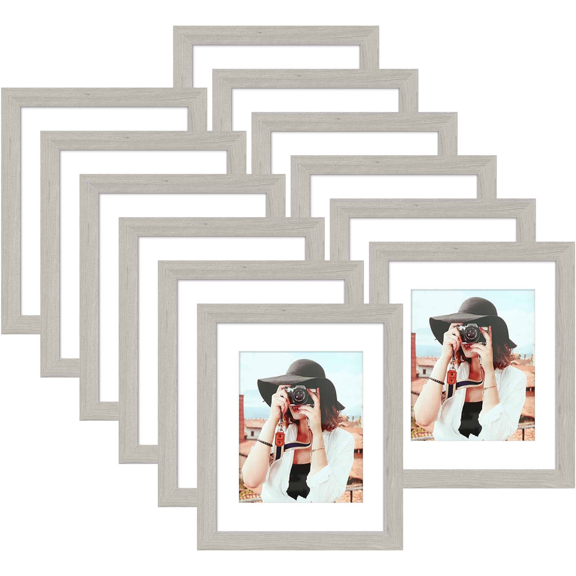 Picrit 8x10 Picture Frame Set of 12, Display 5x7 with Mat or 8x10 without Mat, Photo Frames for Wall Mounting or Table Top Display, Gray Image