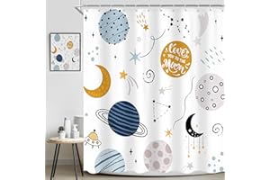 Ufeela Kids Boys Shower Curtain - Cartoon Planet Cute Universe Galaxy Space Moon Kid Shower Bathroom Set Baby Print Cosmos for Boys Girls Kids Bath Curtain Accessories Decor 60Wx72L