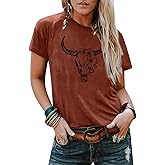 Boho Cow Skull Shirt Women Cowgirl t Shirt Vintage Western Rodeo Graphic Tee Short Sleeve Bull Skull Casual Top