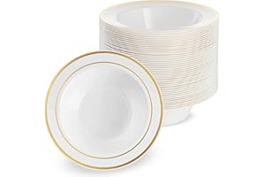 MATANA - 25 Premium Multi-Use Plastic Party Serving Bowls, White with Gold Rims, 19cm / 7.5" - Perfect for Starters, Desserts
