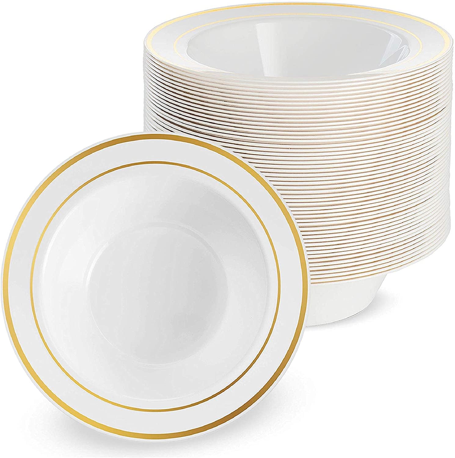 MATANA 25 Premium White Plastic Bowls with Gold Rim, 360ml - Elegant, Sturdy & Reusable - Soup & Dessert Bowls for Weddings, Birthdays, BBQ, Buffets, Catering, Parties