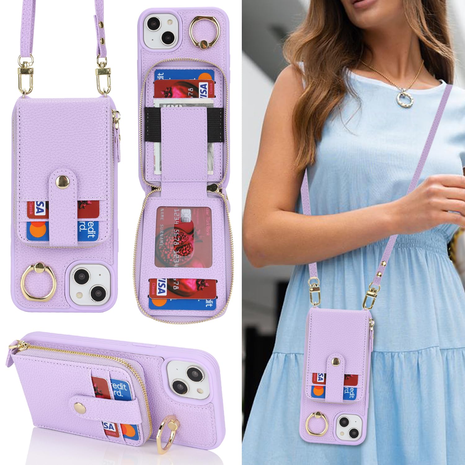 SailorTech iPhone 13 Case Ring Stand with Card Holder for Women, iPhone 13 Leather Case Wallet Crossbody with Kickstand Credit Card Zipper Case for iPhone 13-Purple
