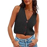 Saodimallsu Womens Cropped Sweater Vest V Neck Button Down Y2k Crop Knit Summer Trendy Sleeveless Chunky Tank Tops