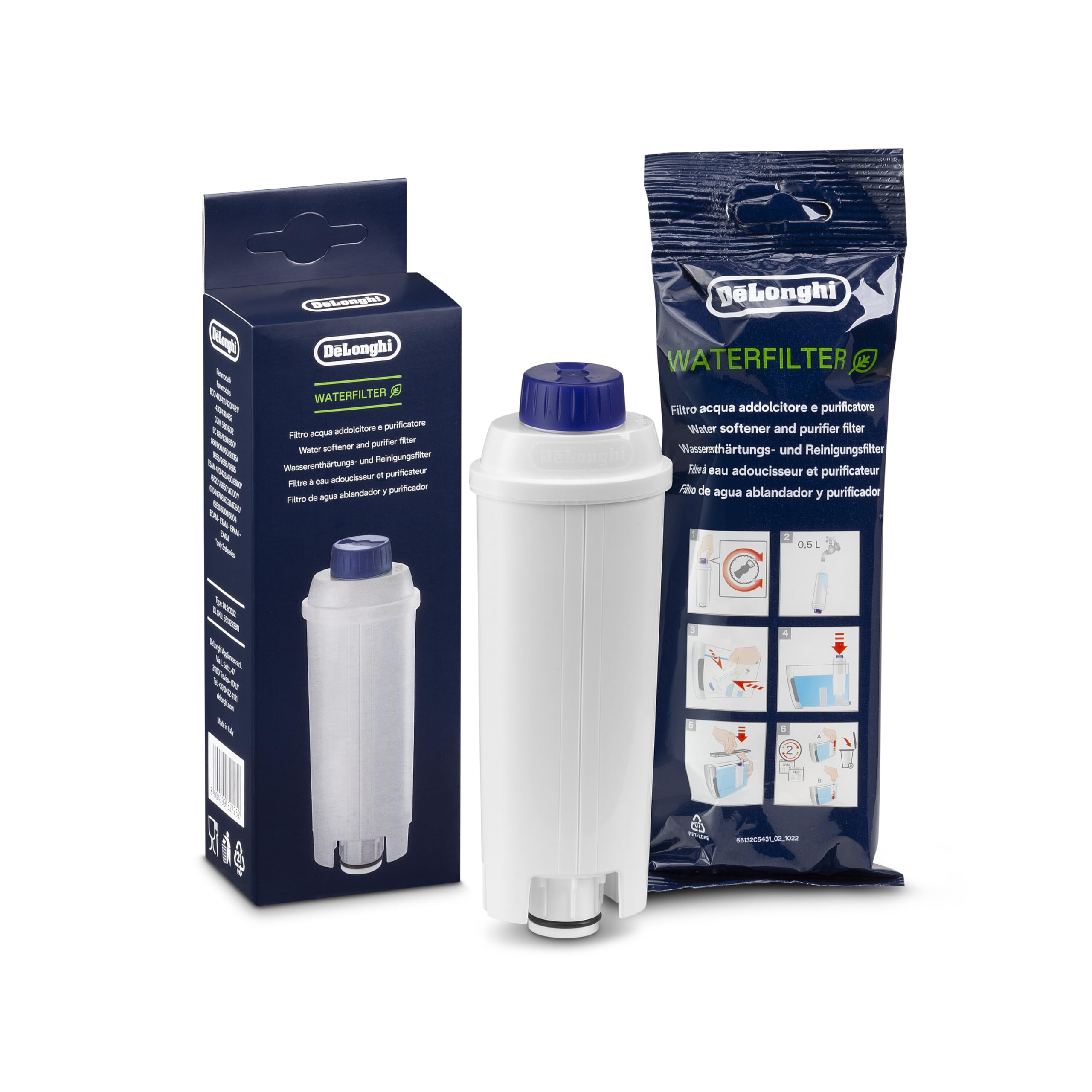 De'Longhi Original Wasserfilter DLSC002 - Zubehör für De'Longhi Kaffeevollautomaten mit Wasserfilter, Pflege und Schutz der Maschine,optimiert die Kaffeequalität und schützt vor Kalk, 0.5 L,1 Pack