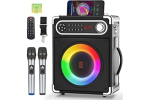 VOIJUMP Karaoke Machine with 2 Wireless Microphones,Portable Bluetooth 5.1 Speaker for Adults Kids,Bass/Treble Adjustment,PA System with Remote Control, Lights, Supports TF Card/USB, AUX in,TWS,FM,REC Party