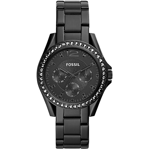 Fossil Watch for Women Riley, Quartz Multifunction Movement, 38 mm Black Stainless Steel Case with a Stainless Steel Strap, ES4519
