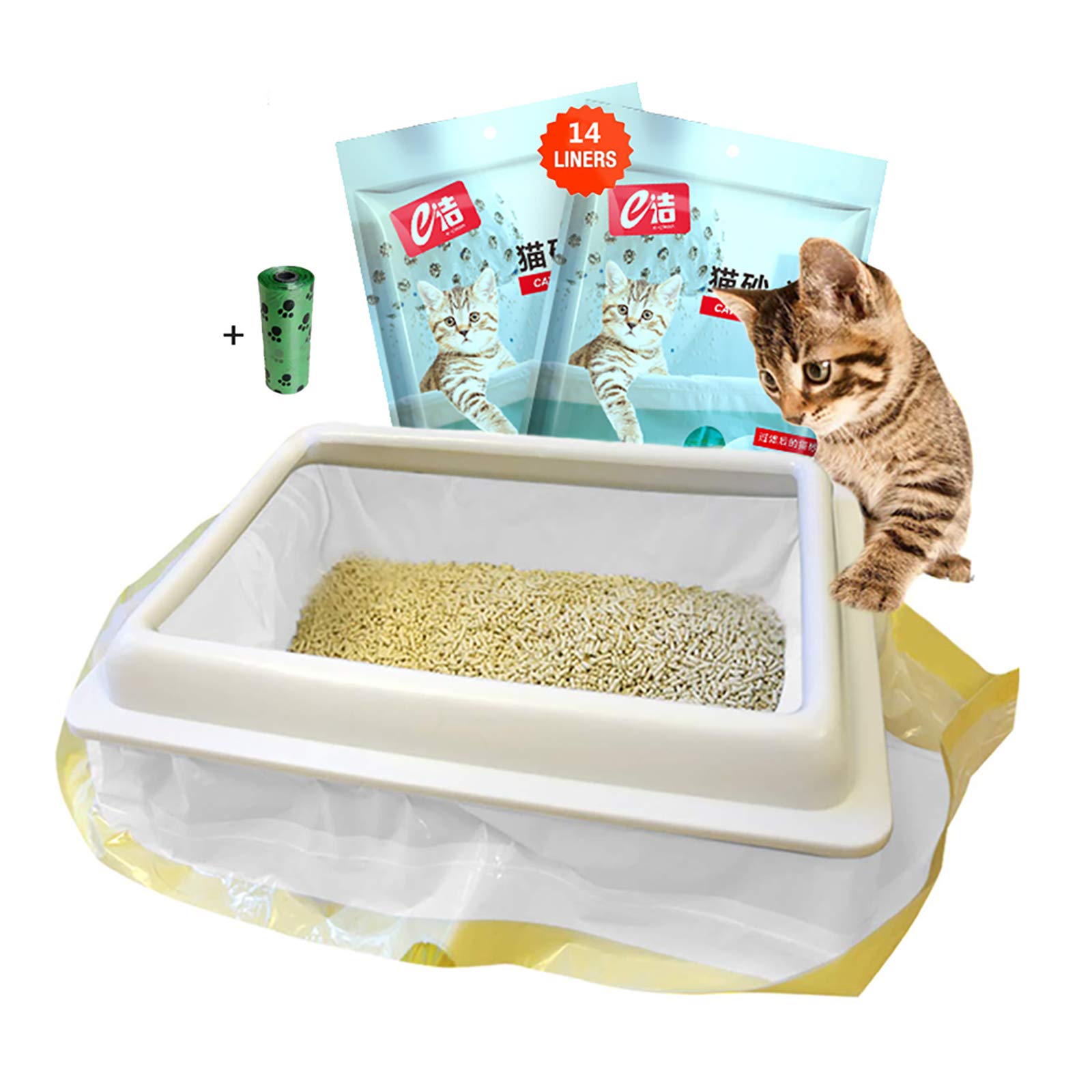 Moliwen Cat Litter Tray Liners with Drawstrings Filter Bags 2 Pack (14 bags), 91.5 × 45.7 cm for Medium and Large Litter Box, Get Extra 1 Roll (15 Bags) of Pet Garbage Bag