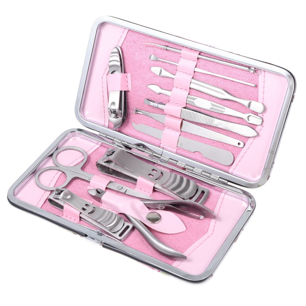 rayinblue 12pcs Stainless Steel Manicure Pedicure Set Nail Scissors Nail Clippers Kit with Pink Case