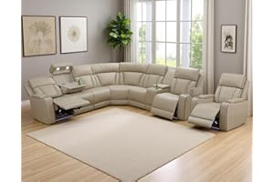 Anthato Power Recliner Sectional Sofa Set, Living Room Furniture Sets, L-Shaped Recliner Sofa & Chair Set, Breathing Leather Reclining Couch with Coffee Table for Living Room (Sectional+Chair,Khaki)