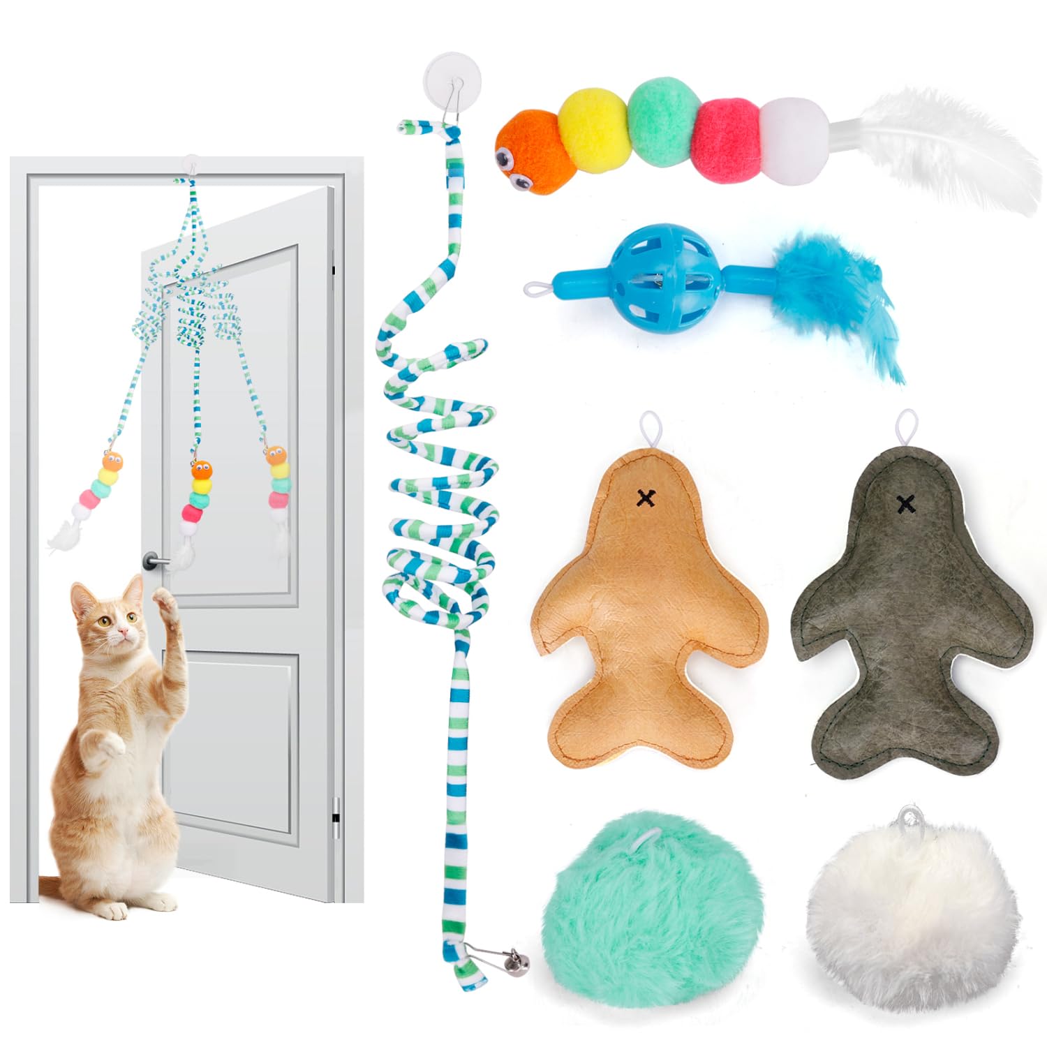 Nobleza Interactive Cat Toys for Indoor Cats Adult Catnip Toys Kitten Feather Toy Hanging Door Retractable with Bells 7-Piece Cat Jumpy Toy