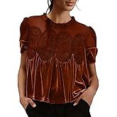 Women's Velvet Lace Babydoll Tops Casual Round Neck Short Sleeve Flared Swing Blouse Elegant Pleated Loose Fit Shirts