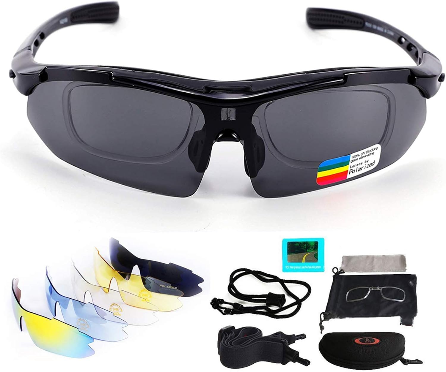 Polarized Sports Sunglasses, Cycling Glasses for Men and Women with 5 Interchangeable Lenses, Lightweight Frame