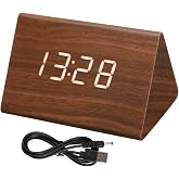 uxcell Wooden Alarm Clock with White Digits, Brown Digital Alarm Clocks for Bedrooms with USB Charging Port, Adjustable Volume, Dimmable, Snooze, 12/24H